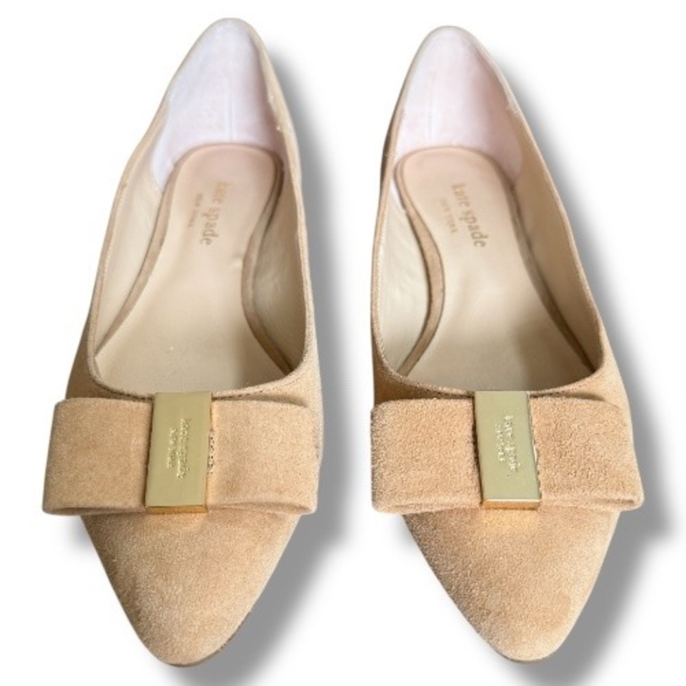 Kate Spade New York Tan Suede Pointed Toe Flats with Bow Detail Womens Size 6.5M